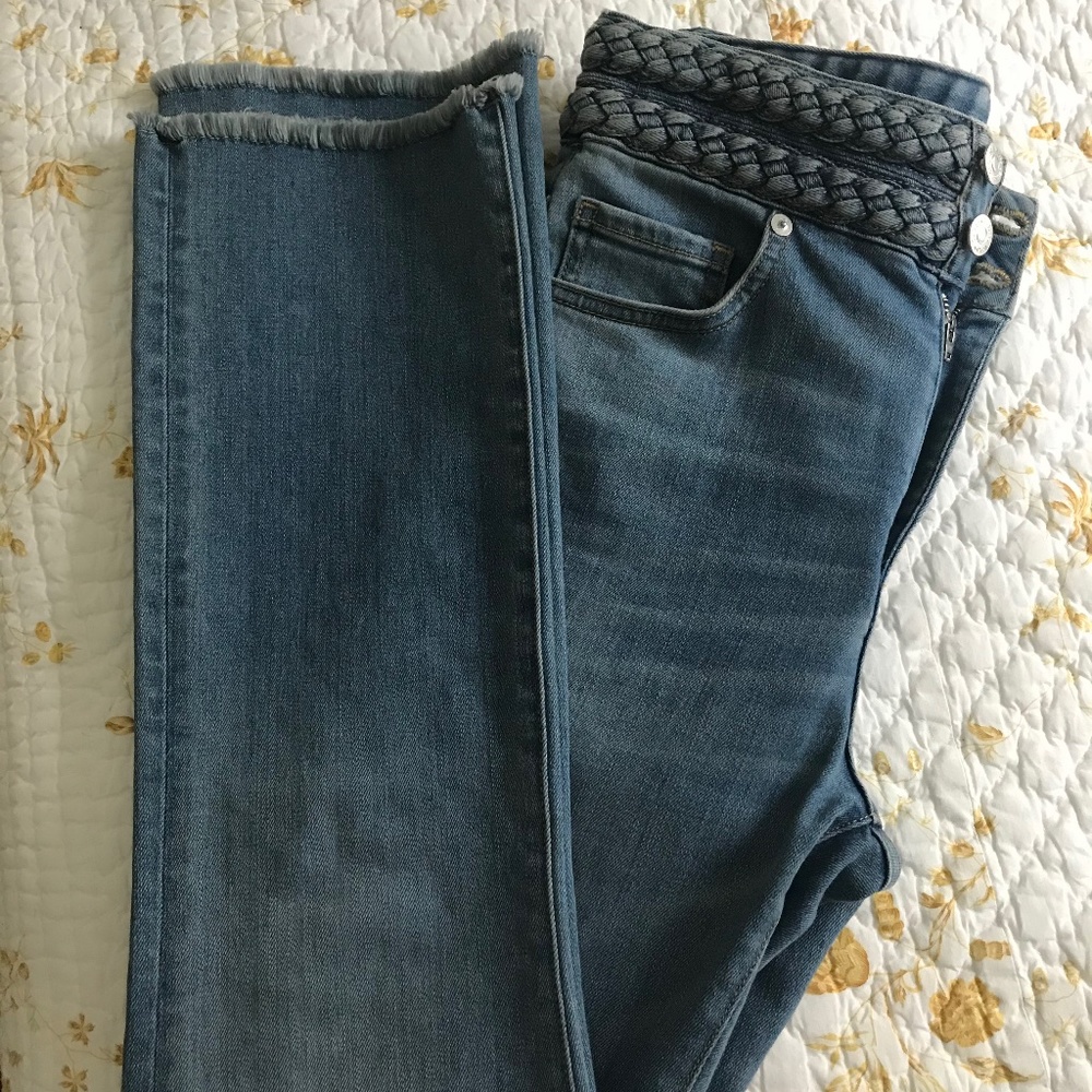 Veronica Beard Medium Blue Braided-Waist Ankle Jeans
